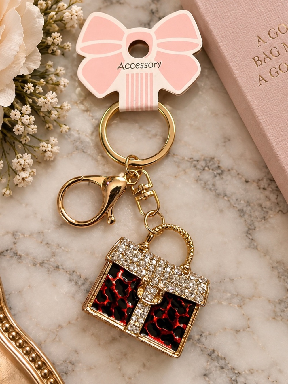 Gold Crystal and Red Enamel Handbag Keychain -
